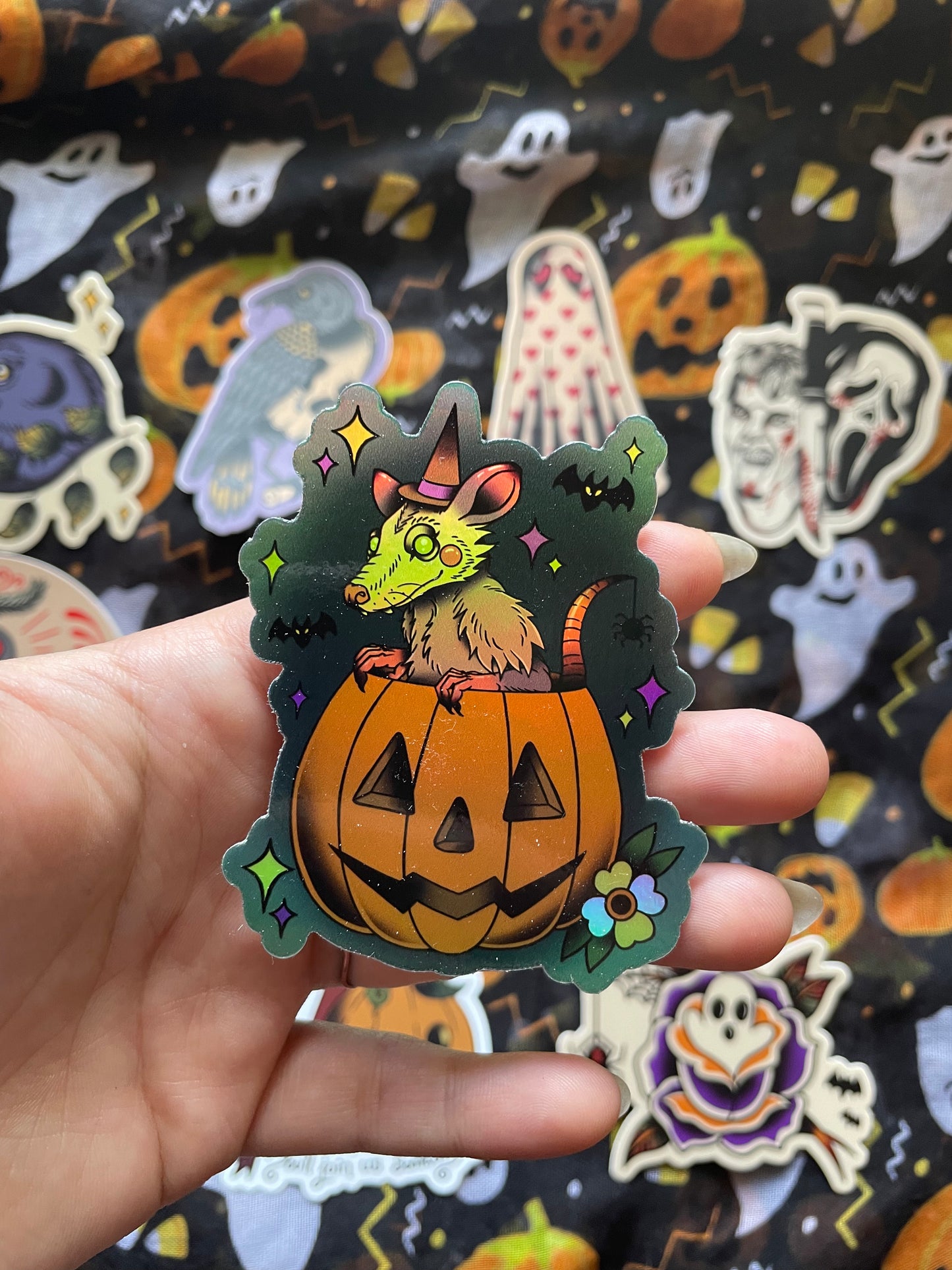 Holographic Pumpkin Possum Sticker